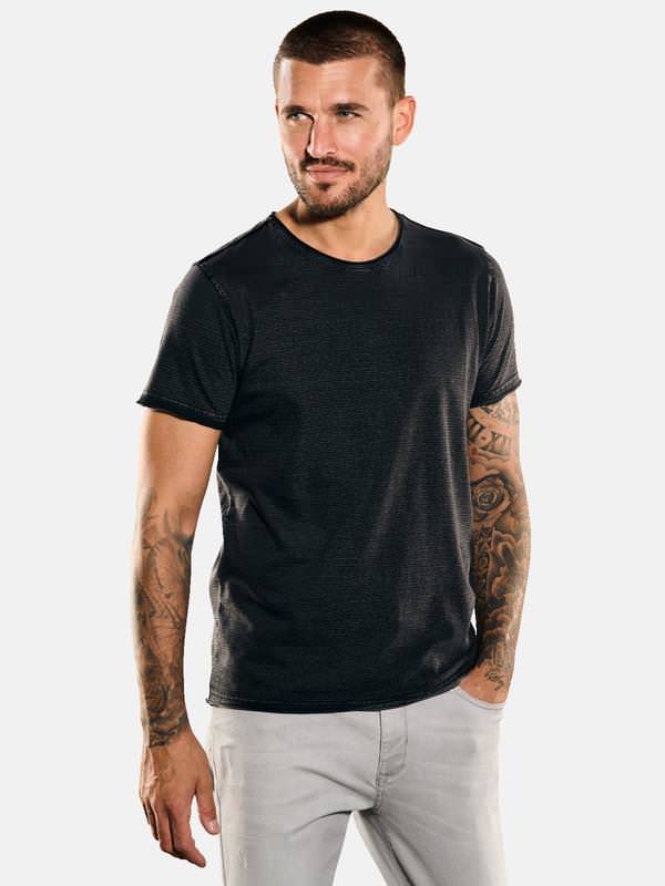 emilio adani Herren T-Shirt uni schwarz slim fit gestreift Rundhals von emilio adani