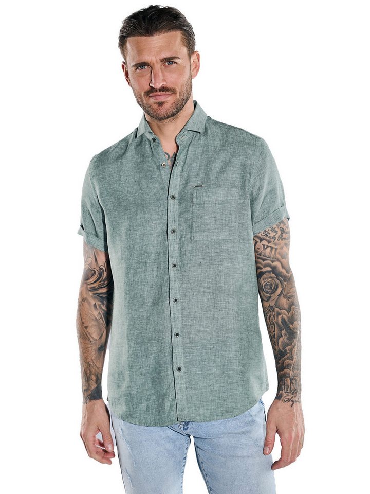 emilio adani Kurzarmhemd emilio adani Herren Kurzarm-Hemd aus Leinen, Dunkelgruen von emilio adani