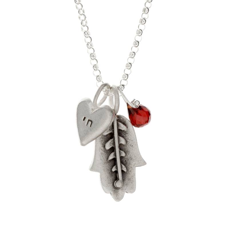 Handgefertigte Hamsa Halskette Mit Chai Und Granat Handgefertigte Hamsa Halskette Mit Chai Und Granat von emilyrosenfeld