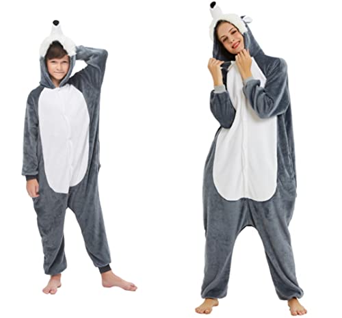 emmarcon - Ganzteiliger Tier-Overall als Pyjama und Kigurumi, für Karneval, Halloween, Cosplay, Unisex, für Erwachsene, Grau Medium/Höhe 160-169 cm,Maximal 80 Kg. von emmarcon