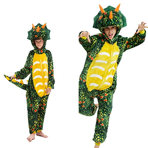 emmarcon Kigurumi Pyjamas für Kinder, Kinder, Kostüm, Karneval, Halloween, Party, Cosplay, Unisex, Dino Dunkelgrün, L von emmarcon