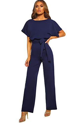 emmarcon Langer Jumpsuit, elegant, für Damen, kurzärmelig, Fledermaus-Muster, Blau 38-40 von emmarcon