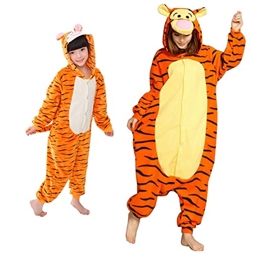 Tier-Pyjama für Erwachsene und Kinder, Unisex, Winter-Tier-Pyjamas aus Flanell, einteilig, weich und warm, ideal für Karneval und Halloween, Tiger, 6-7 anni von emmarcon