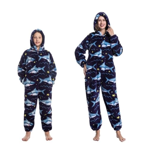 emmarcon Winter-Pyjamas aus Fleece für Kinder und Erwachsene, einteiliger Overall mit Kapuze, Fleece, weich und warm, für Karneval und Halloween, Hai, 10-12 Jahre von emmarcon