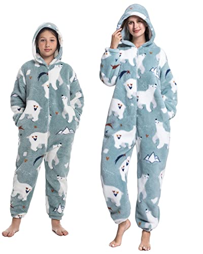 emmarcon Winter-Pyjamas aus Fleece für Kinder und Erwachsene, einteiliger Overall mit Kapuze, Fleece, weich und warm, für Karneval und Halloween, Weißer Bär, M von emmarcon