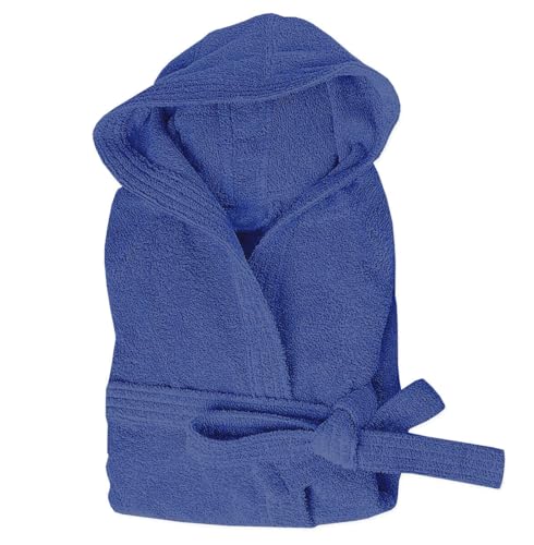 emmevi Bademantel Frottee 100% Baumwolle einfarbig weich Herren Damen Gürtel Taschen Kapuze S M L XL XXL Modell Bademantel Frottee Blau XL von emmevi