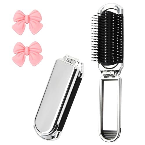 Faltbare Haarbürste mit Spiegel Mini Haarkamm 2 Stück Faltbare Haarbürste Reise Haarbürste Tragbare Mini Klapp Haarkamm Kompakt Haarmassagekamm für Frauen und Mädchen (Silber) von emperoch