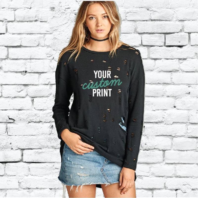 Benutzerdefinierte Beunruhigt Zerrissen Sweatshirt Oversize Oben Personalisierte Womens Langarm Pullover von empowerprinting