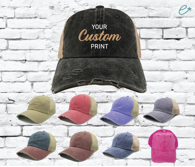Benutzerdefinierte Distressed Trucker-Hut Ihre Stickerei Dad Hut Druck Unstrukturierte Personalisierte Hüte Netzrückseite von empowerprinting