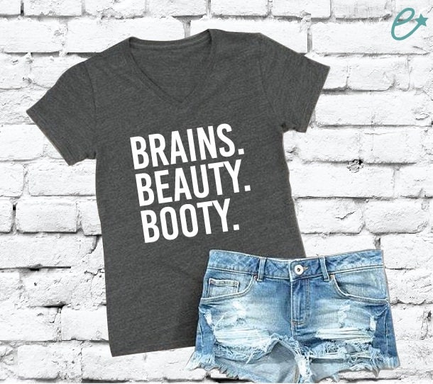 Brains Beauty Booty V-Ausschnitt T-Shirt Dunkelgrau Holzkohle Baumwolle Damen Entspannte Passform von empowerprinting