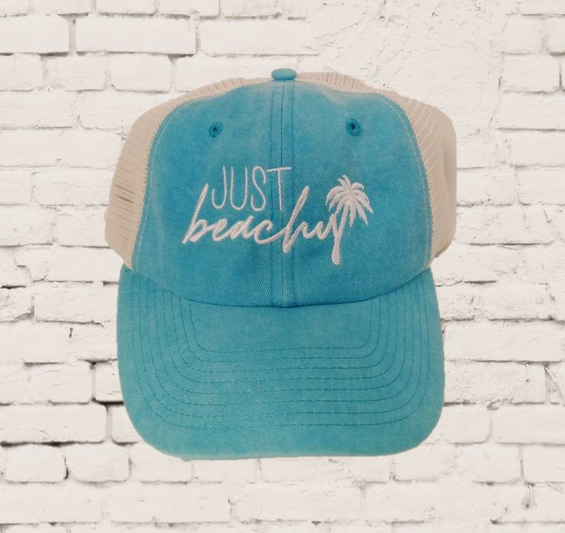 Just Beachy Dad Hat Stickerei Baseballmütze Trucker Strand Sommerhüte Beste Freunde Mesh Zurück Hut Distressed Geschenk Urlaub Palme von empowerprinting