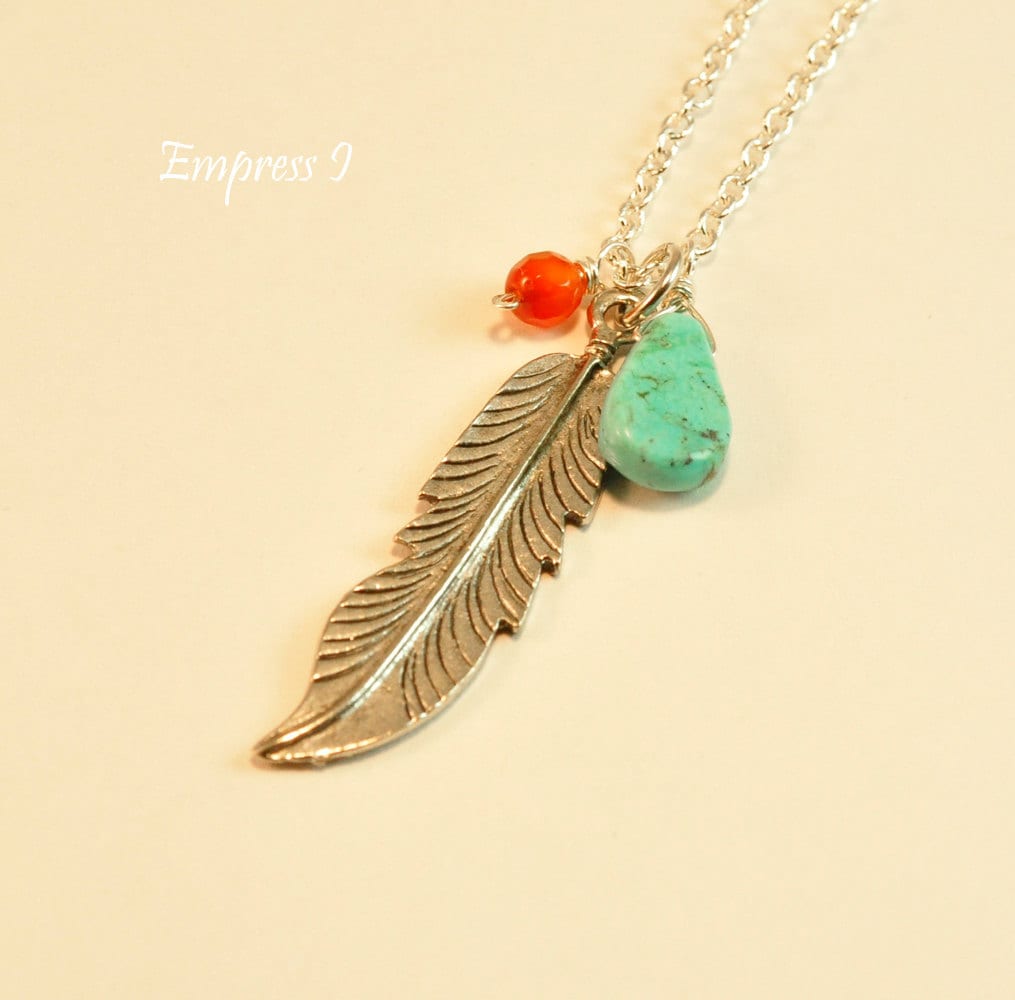 Silber, Feder, Türkis, Karneol, Federkette, Türkis Halskette, Schmuck, Feder Charme, Feder-Schmuck, Geschenk von empressi