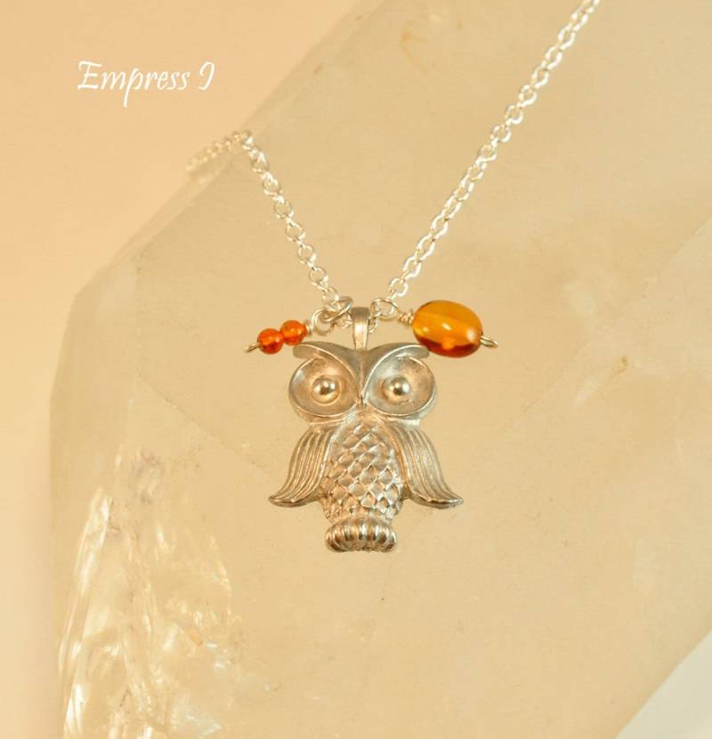 Verkauf - Silber Eule Halskette, Bernsteinkette, Schmuck, Wald Animal Charm Tier, Geschenk von empressi