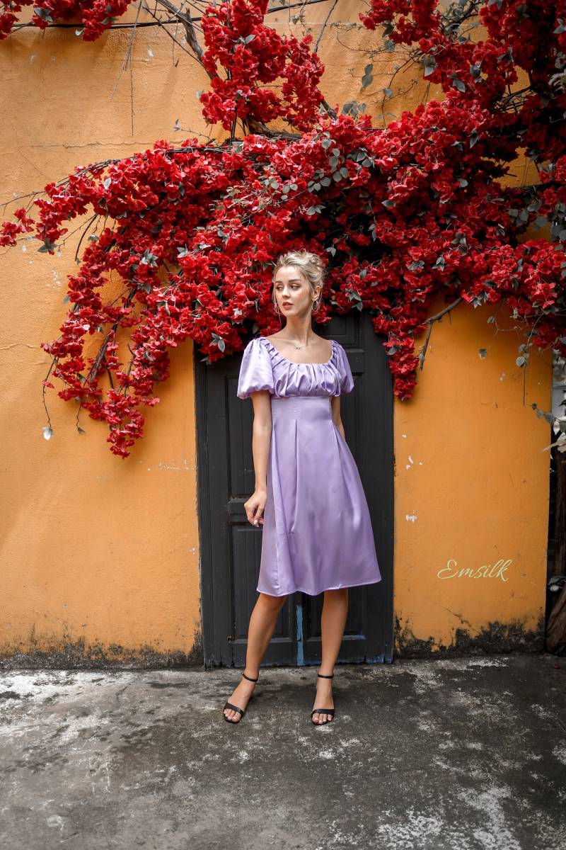 Lavendel Seiden Kleid Puffärmel Charmeuse Brautjungfer Kleid von emsilkdesign