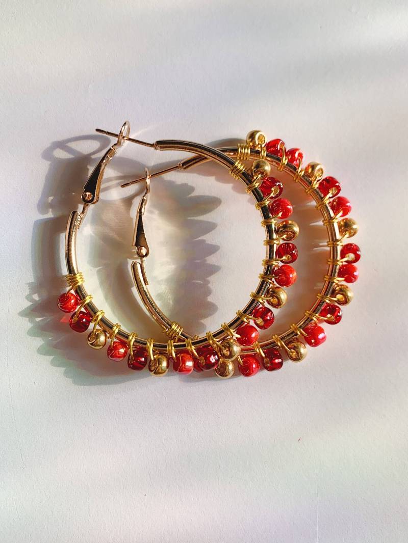 Rot + Gold Perlen Ohrringe - Handgemachter Urlaub Schmuck Frauen & Mädchen Boho Styles von emstersearrings