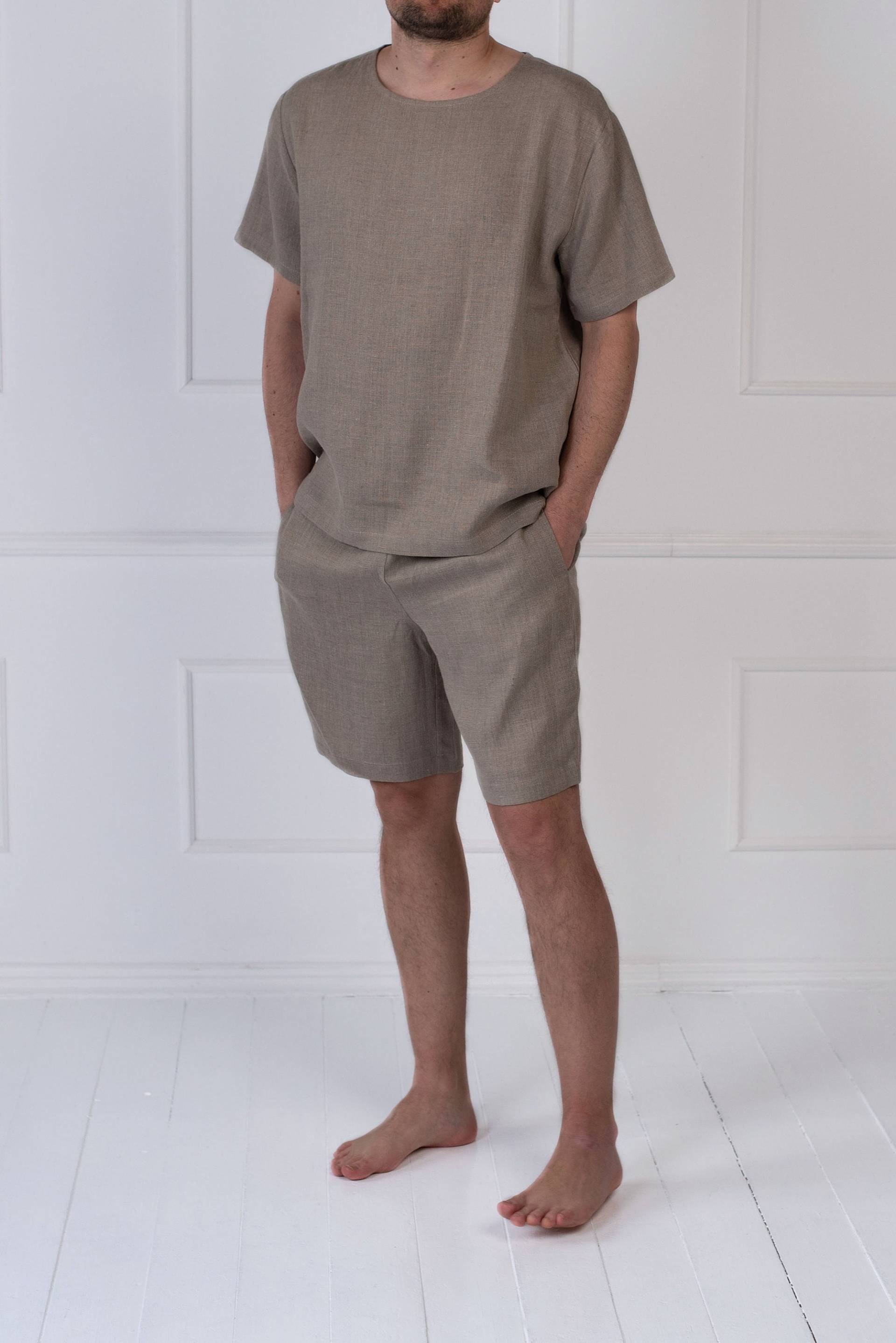 Leinen Pyjama Set Für Männer/Shorts Und Kurzarm Top Einfache Nachtwäsche Flachs Set Lynx Orion von endlesslinen