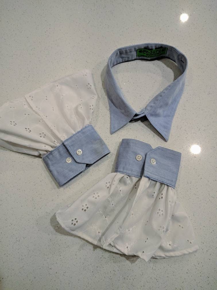 Upcycled Steampunk Kleidung - Shirt Kragen Und Manschetten, Hellblau Mit Weißer Öse Spitzen Borte, Mad Hatter, Alice Im Wunderland von enduredesigns