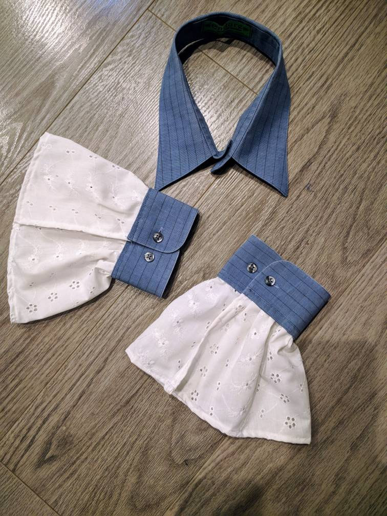 Upcycled Steampunk Kleidung - Shirt Kragen Und Manschetten, Hellblau Mit Weißer Öse Spitzen Borte, Mad Hatter, Alice Im Wunderland von enduredesigns