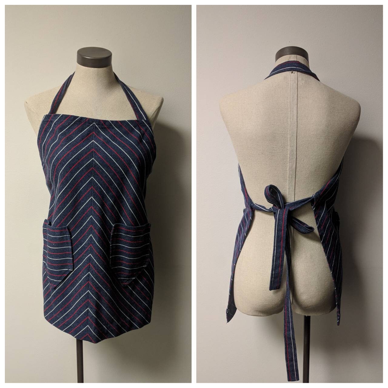 Upcycled Vintage Schürze - 1980Er Jahre Navy Blue Pin Gestreifter Druck Vollschürze, Verstellbare Krawattenriemen, Handarbeit Aus Wiedergewonnenen von enduredesigns