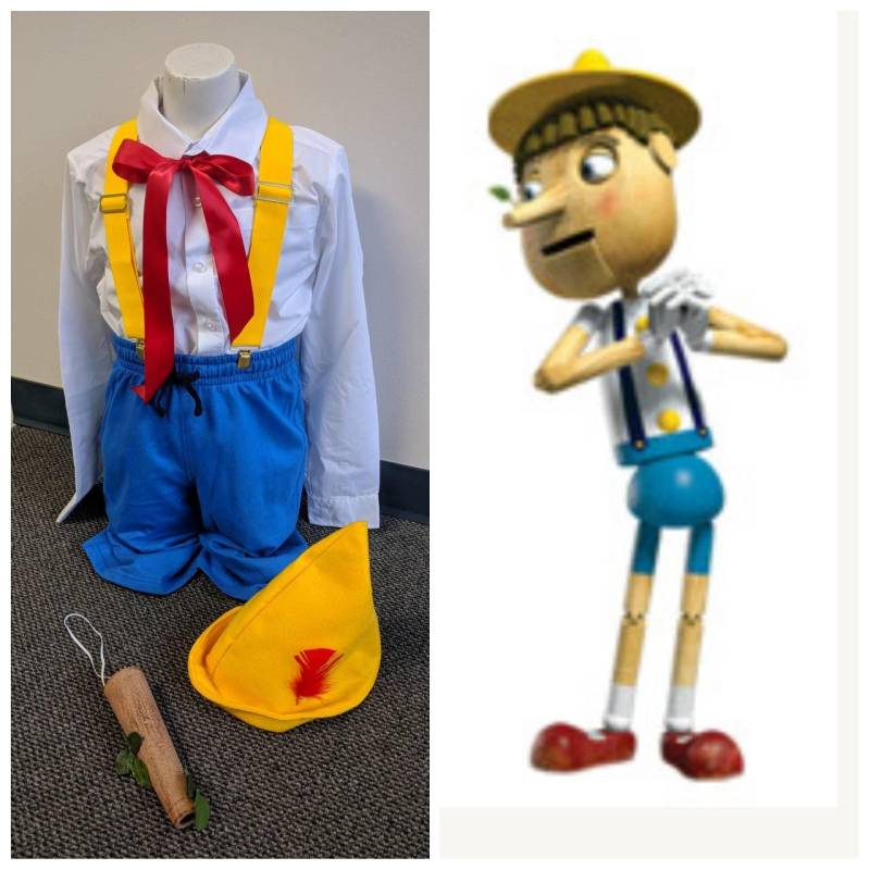 Upcycling Pinocchio Kostüm, Shrek Musical, Weißes Hemd, Rote Krawatte, Gelber Filzhut, Blaue Shorts, Gelbe Hosenträger, Nase, Jugendgröße von enduredesigns