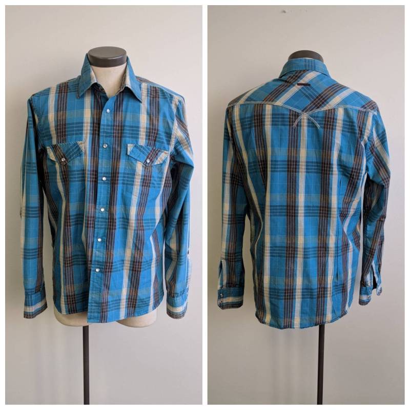 Vintage Kleidung, Blau Kariertes Herren Baumwollhemd, Türkis Und Braun Snap Front Baumwollmischung Hemd, Slim Fit Größe Xl von enduredesigns
