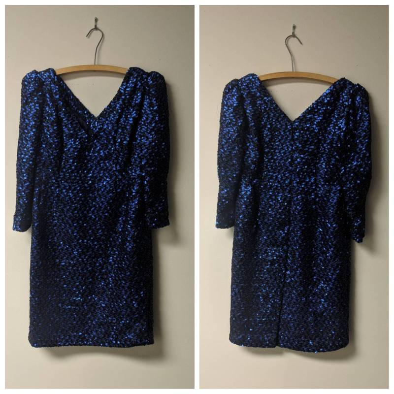 Vintage Kleidung 60Er Jahre Shift Kleid Royal Blau Und Schwarz Pailletten Mid Length Kein Label Handmade Damen Größe S Petite von enduredesigns