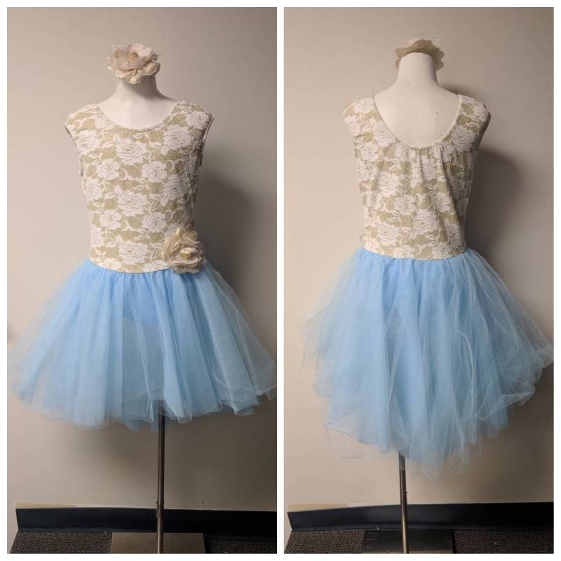 Vintage Tanzkostüm, Blauer Tüll Weiß Und Gold Stretch Spitze Leotard Mit Blassblauem Tülltanzkostüm, Jugendgröße von enduredesigns