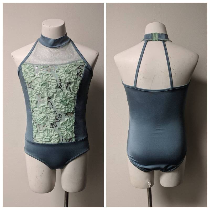 Vintage Tanzkostüm, Seafoam Blue Pailletten High Neck Meerjungfrau Blau Leotard, Jugendgröße von enduredesigns