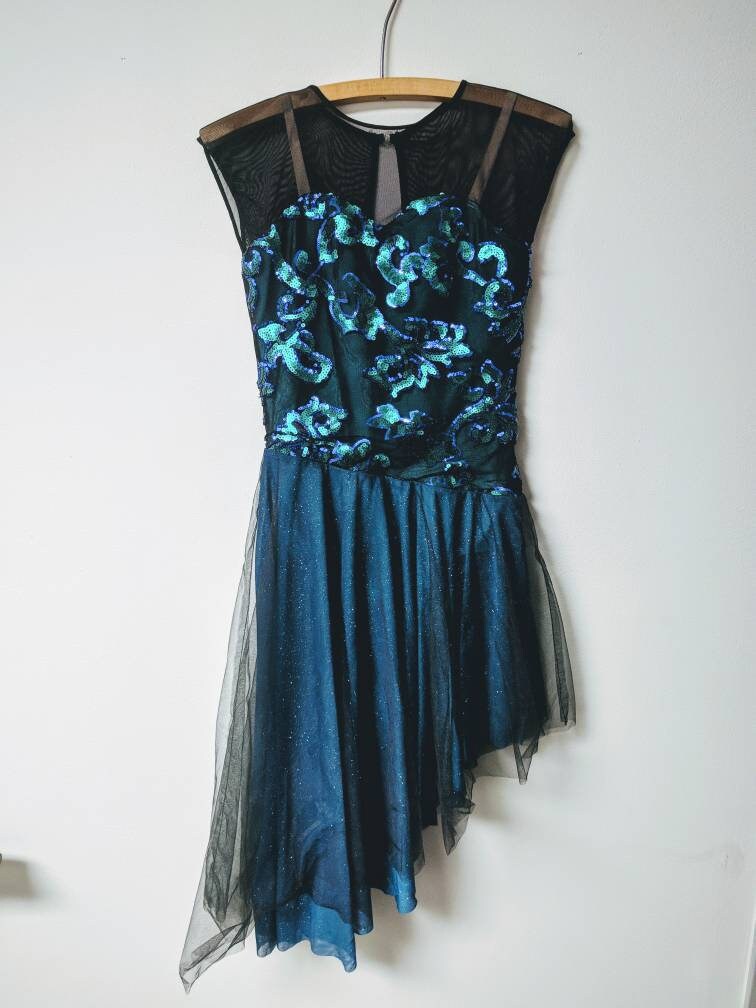 Vintage Tanzkostüm, Teal Blaues Pailletten Schwarzer Chiffon-Overlay, Pailletten-Oberteil Und Unterrock, Jugendgröße von enduredesigns