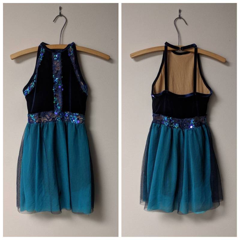 Vintage Tanzkostüm, Teal Blue Pailletten Navy Chiffon Overlay, Marineblauer Samt Mieder, Jugendgröße von enduredesigns