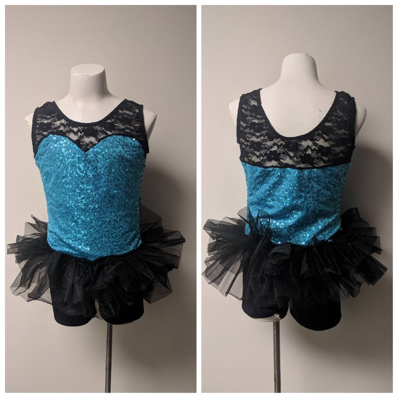 Vintage Tanzkostüm, Türkis Und Schwarzes Pailletten Lycra Mit Schwarzem Tülltanzkostüm, Jugendgröße von enduredesigns