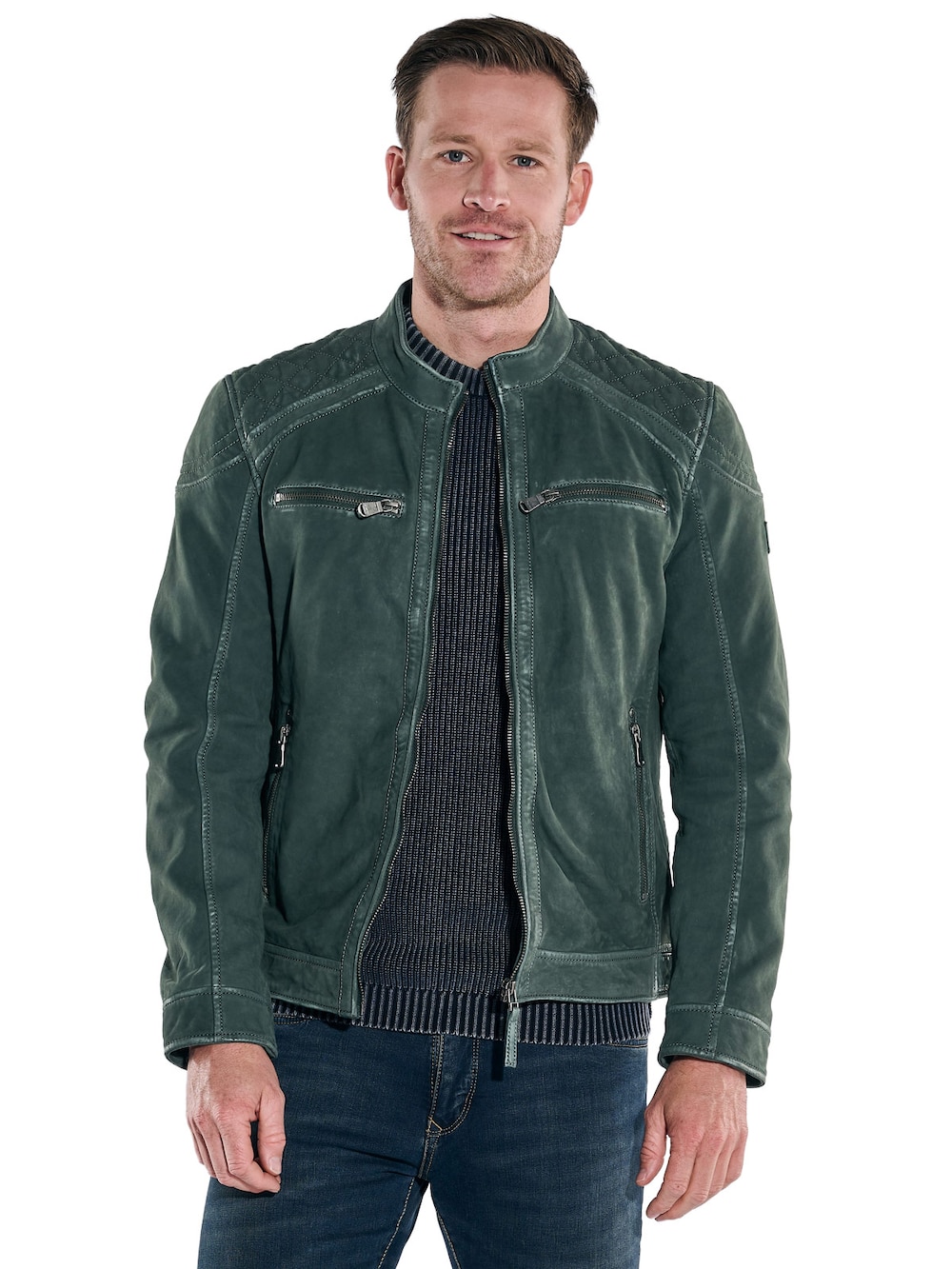 Große Größen engbers Herren Lederjacke mit Stehkragen , Herren, grün, Größe: 58, Happy Size DE Men von engbers