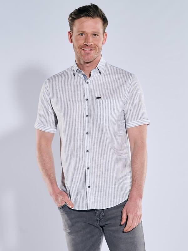 engbers Herren Kurzarm-Hemd mit Leinenanteil grau regular gestreift Button Under engbers Herren Kurzarm-Hemd mit Leinenanteil grau regular gestreift Button Under von engbers