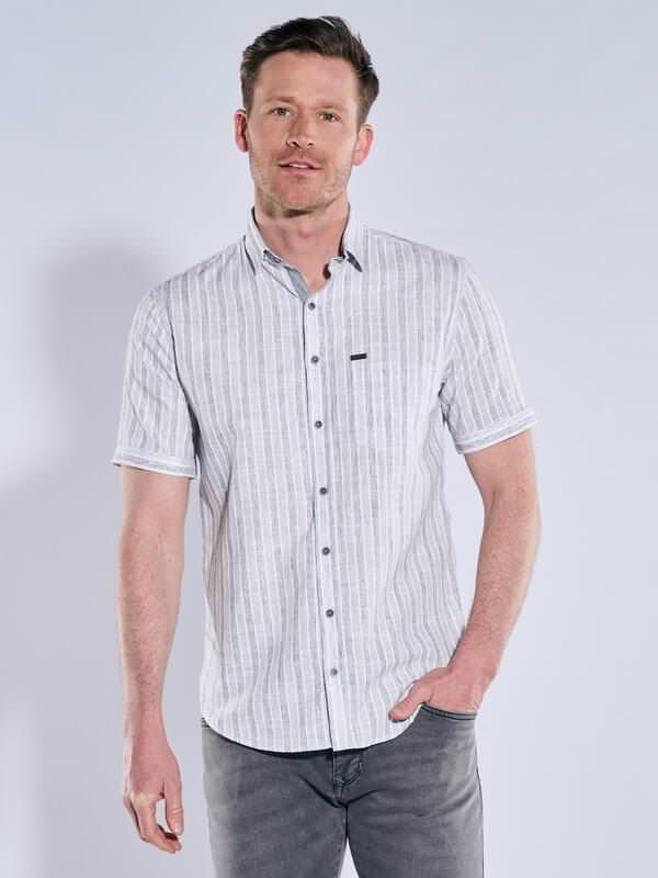 engbers Herren Kurzarm-Hemd mit Leinenanteil grau regular gestreift Button Under von engbers