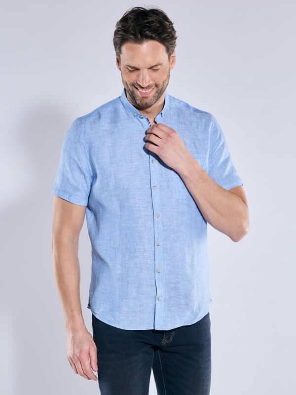 engbers Herren Kurzarm-Hemd aus Leinen Blau regular uni Button Down von engbers