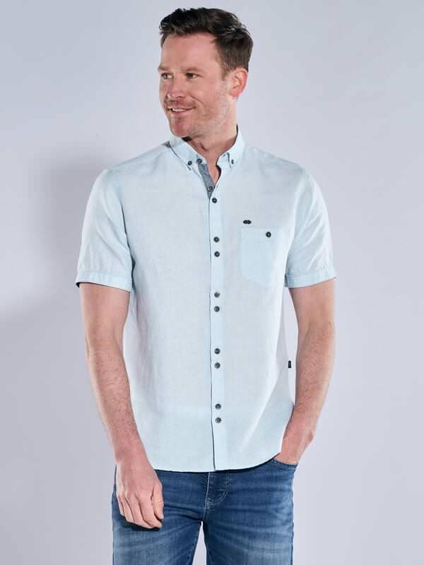 engbers Herren Kurzarm-Hemd mit Leinenanteil Blau regular uni Button Down von engbers