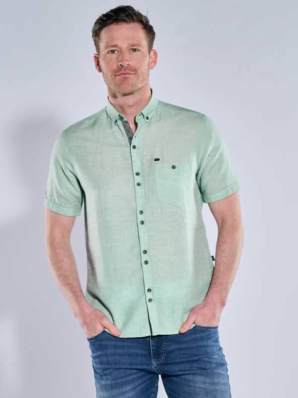 engbers Herren Kurzarm-Hemd mit Leinenanteil grün regular uni Button Down von engbers