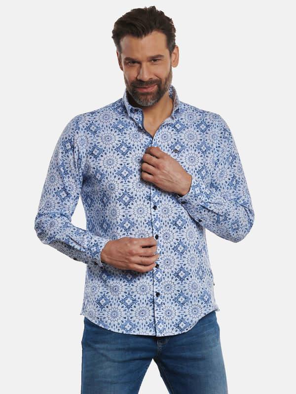 engbers Herren Langarm-Hemd All-Over-Print blau regular gemustert Button Under von engbers