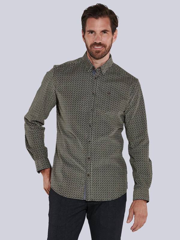 engbers Herren Langarm-Hemd aus Baby-Cord Grün regular gemustert Button Under von engbers