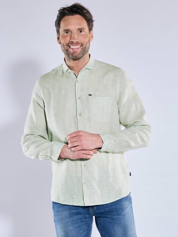 engbers Herren Langarm-Hemd aus Leinen Grün regular uni Button Under von engbers