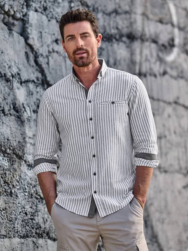 engbers Herren Langarm-Hemd gestreift Grün regular Stehkragen von engbers