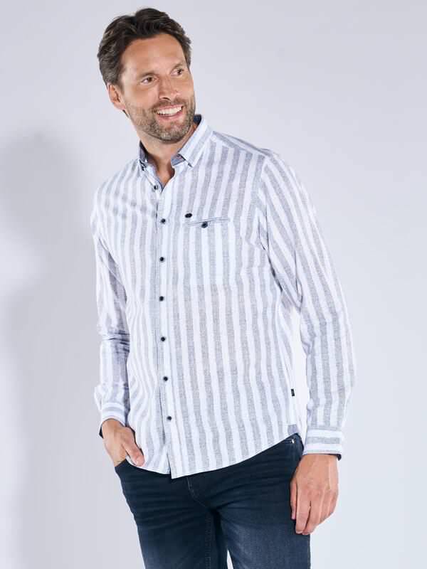 engbers Herren Langarm-Hemd strukturiert Blau regular gestreift Button Under von engbers