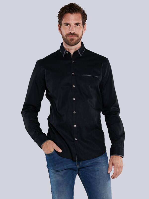 engbers Herren Langarm-Hemd strukturiert Schwarz regular uni Button Under von engbers