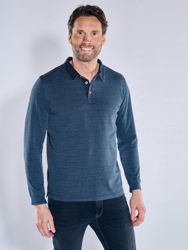 engbers Herren Langarm-Shirt mit Polo-Kragen Blau regular gestreift Knopfleiste von engbers