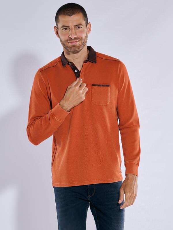 engbers Herren Langarm-Shirt mit Polo-Kragen Orange regular gemustert Kent-Kragen von engbers
