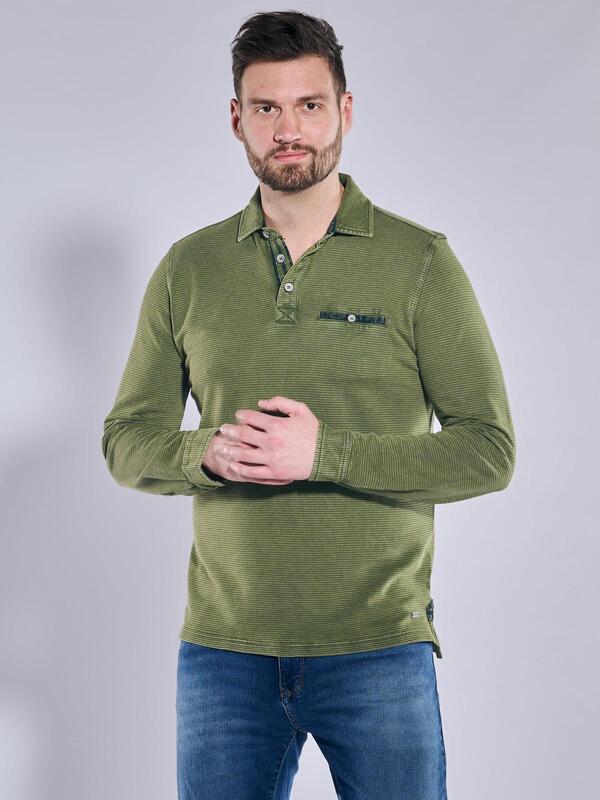 engbers Herren Langarm-Shirt mit Polo-Kragen grün regular gestreift Kent-Kragen von engbers