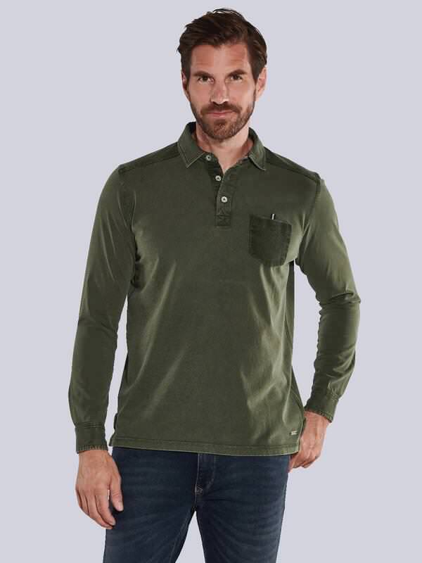 engbers Herren Langarm-Shirt mit Polokragen Grün regular uni Knopfleiste von engbers