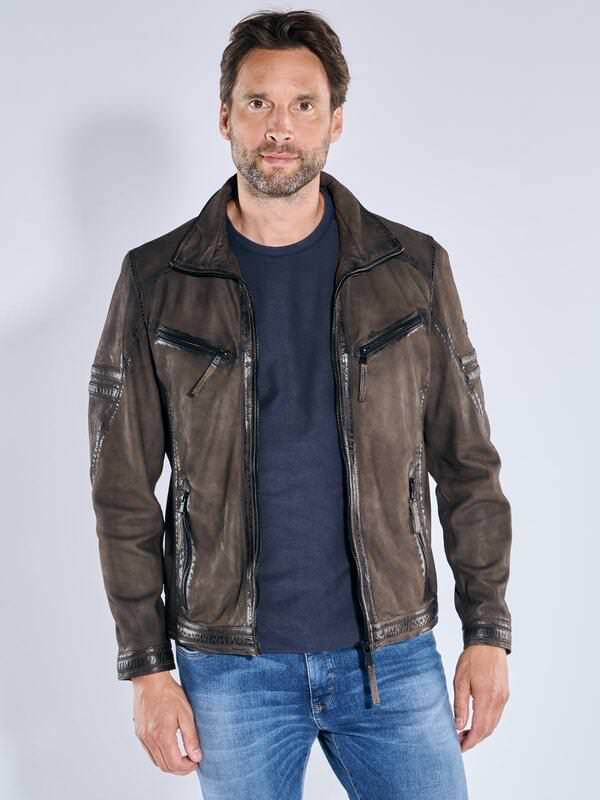 engbers Herren Lederjacke aus Nubuk-Leder Braun regular uni Stehkragen von engbers