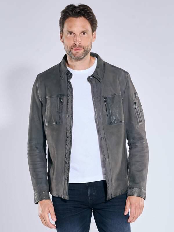 engbers Herren Lederjacke aus Nubuk-Leder Grau regular uni Kent-Kragen von engbers