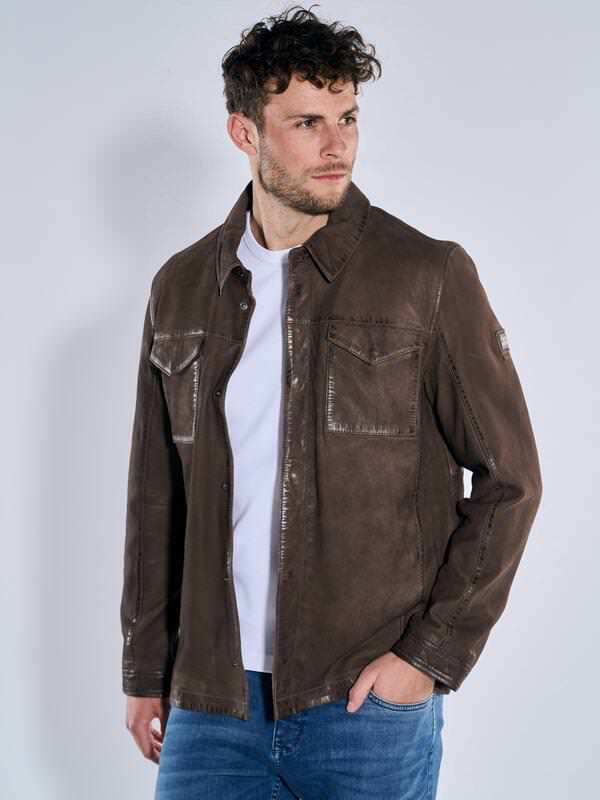 engbers Herren Lederjacke im Hemd-Design Braun regular uni Kent-Kragen von engbers